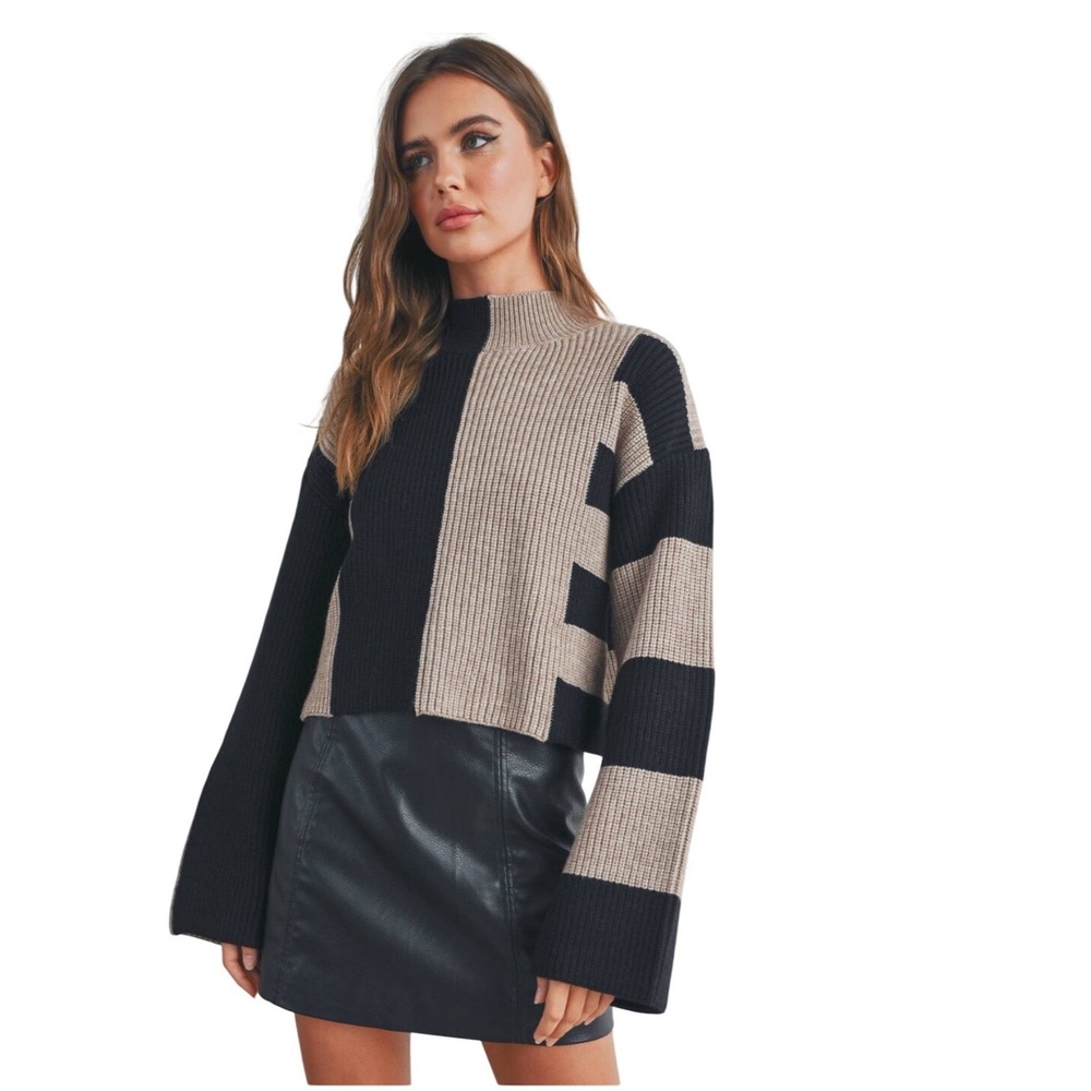 Buttermelon Women Color Block Mock Neck Ribbed Knit Cropped Sweater Tan Black S